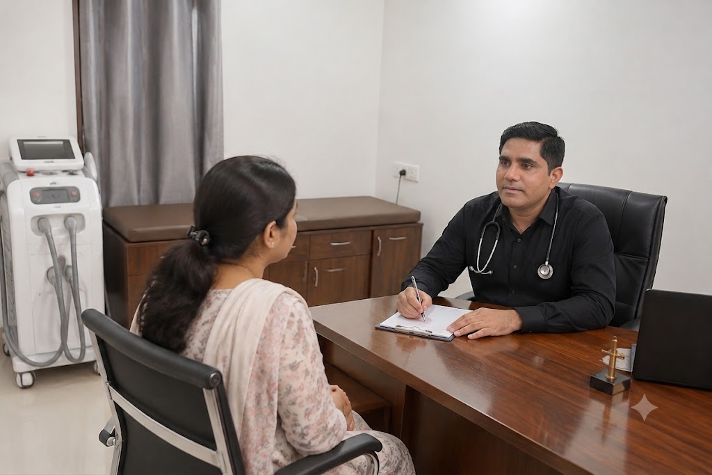 Dermatologist consulting a patient in the treatment room at Aura Derma & Aesthetic Clinic in Pune